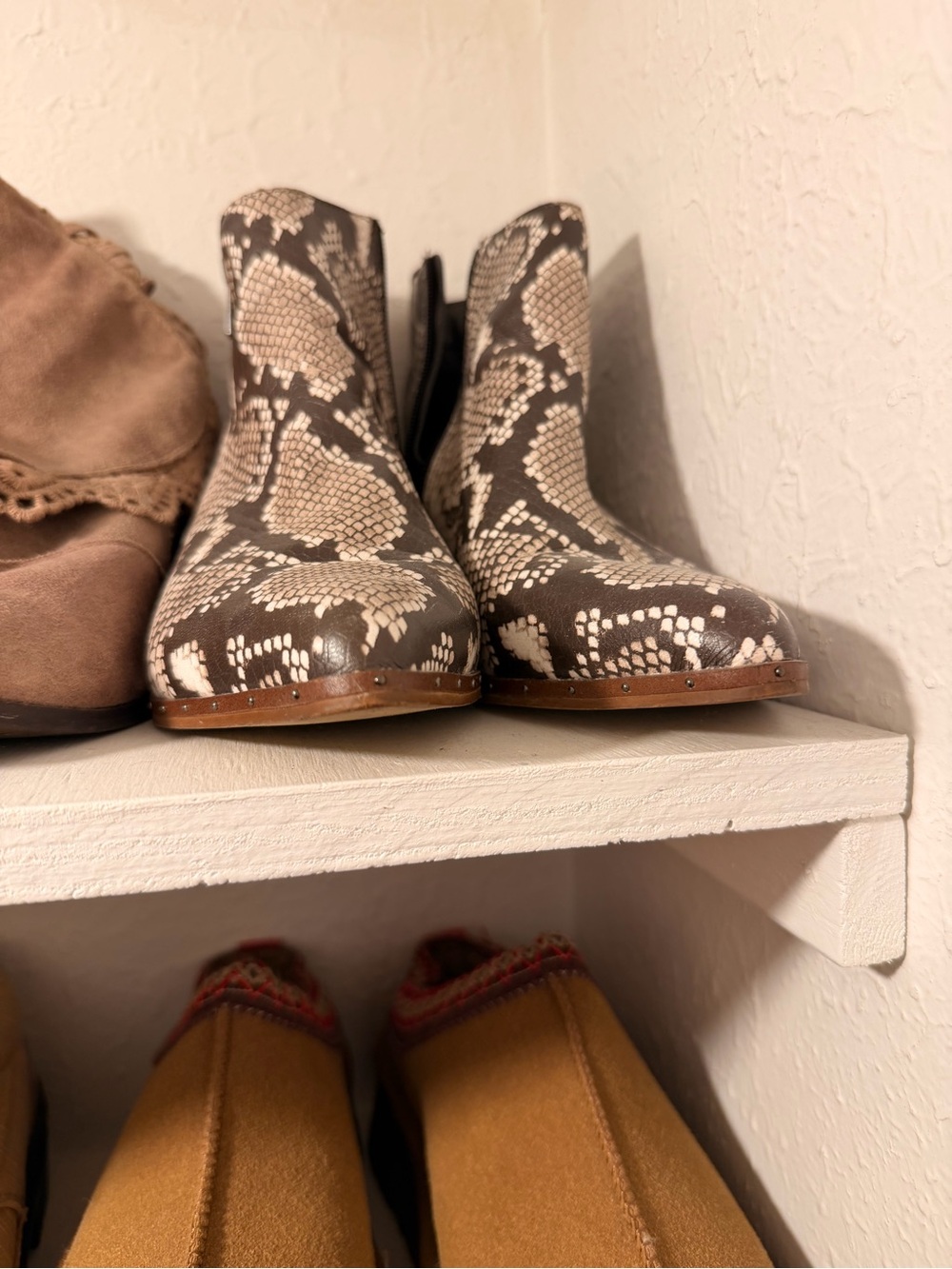 Buckle Faux Snakeskin Ankle Booties in Brown and Cream